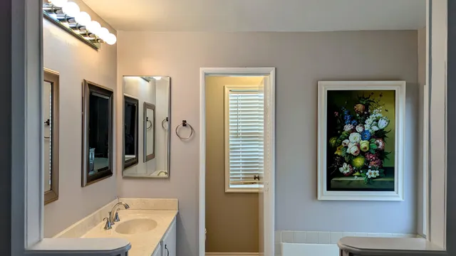 a bathroom with a granite countertop sink and a mirror