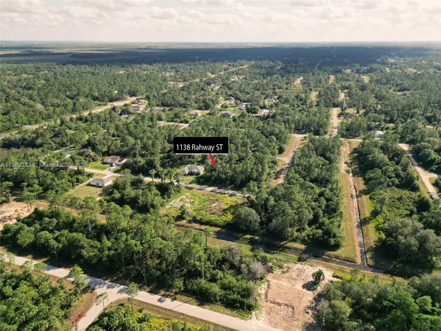an aerial view of residential houses with outdoor space and trees