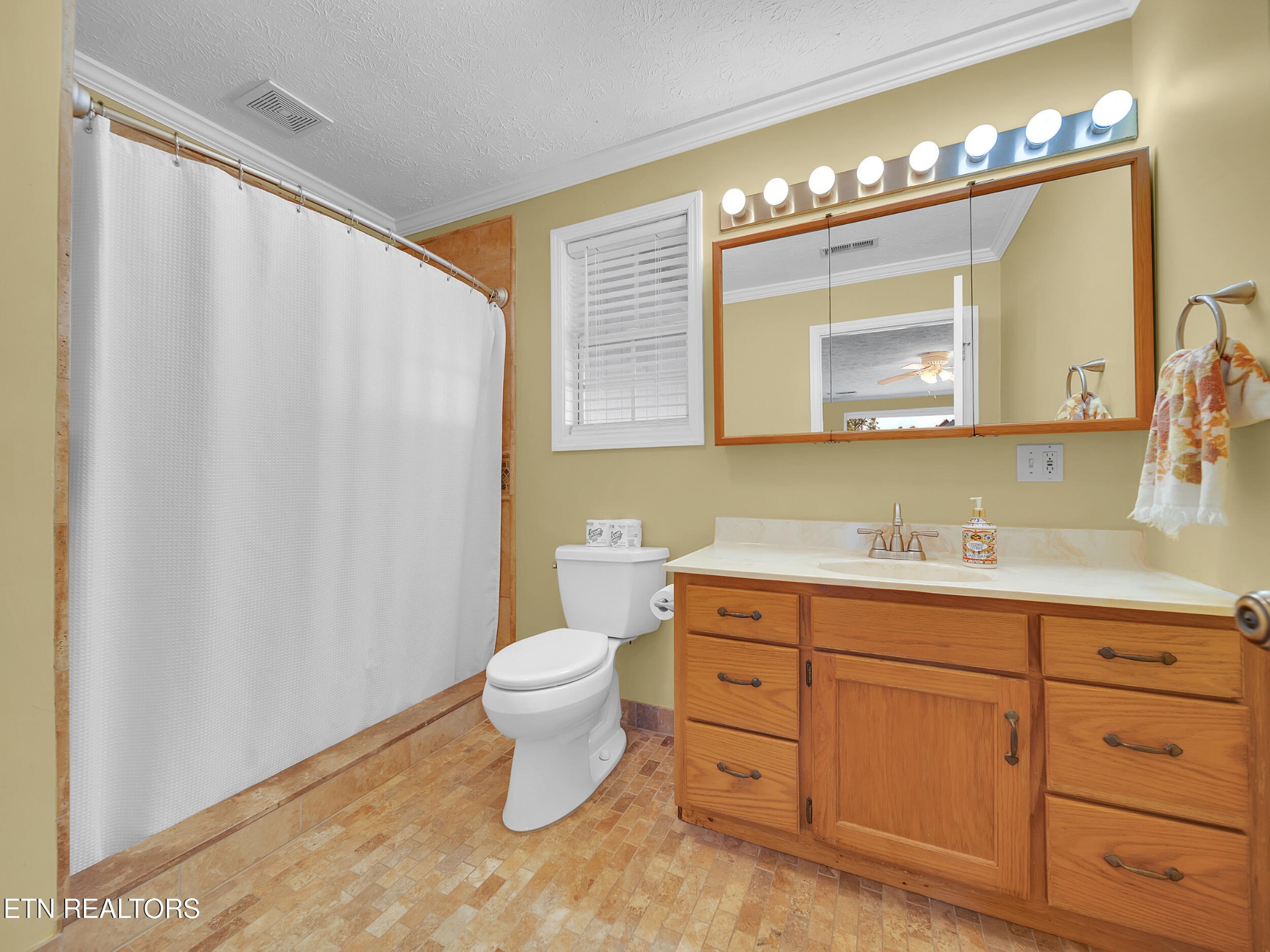 9256 Hines Valley Road Lenoir City, TN 37771 - Photo 30 of 46 a bathroom with a granite countertop toilet a sink and a large mirror