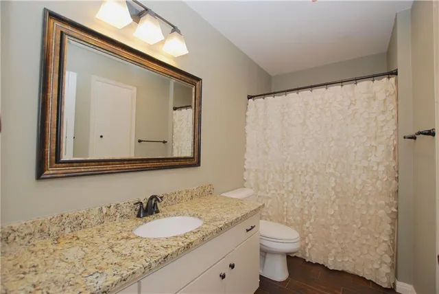 a bathroom with a granite countertop sink toilet and mirror