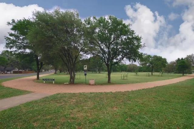 a view of a park with large trees