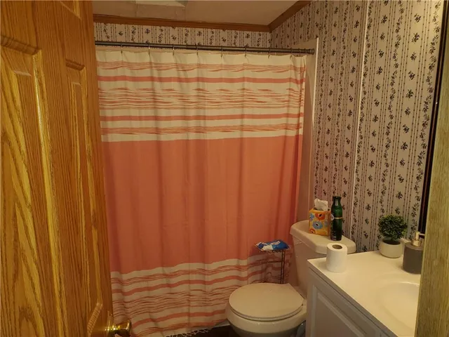 a bathroom with a sink a toilet and shower curtain