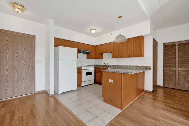 a kitchen with stainless steel appliances granite countertop a stove a sink dishwasher a refrigerator and white cabinets with wooden floor