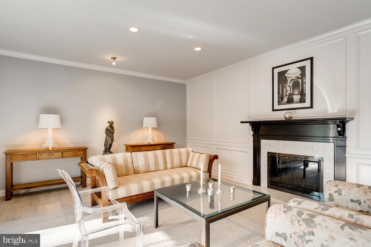 Living room featues working fireplace.