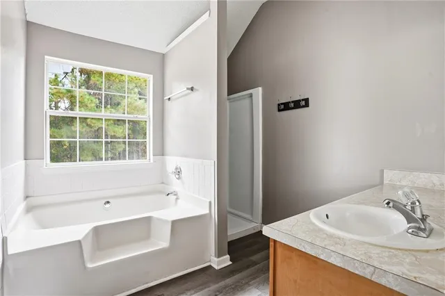 a bathroom with a sink a vanity and a tub