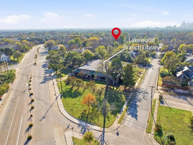 an aerial view of a swimming pool