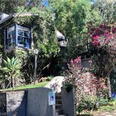a front view of a house with a yard and fountain