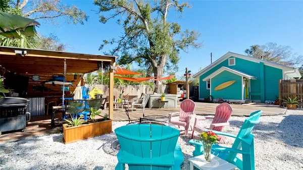 a backyard of a house with outdoor seating