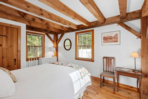 a bed sitting in a bedroom next to a window