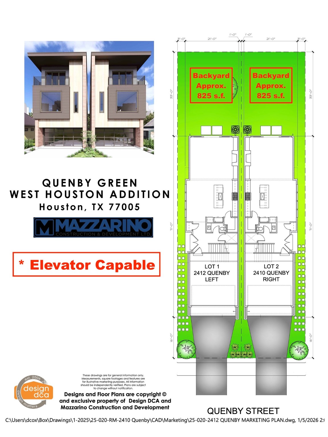 2410 Quenby Street Houston, TX 77005 - Photo 2 of 39 Please be aware that these plans are the property of the architect/builder designer that designed them not DUX Realty, Mazzarino Construction or 2410 QUENBY LLC. Please be aware that these plans are the property of the architect and are protected from reproduction and sharing under copyright law. These drawing are for general information only. Measurements, square footages and features are for illustrative marketing purposes. All information should be independently verified.