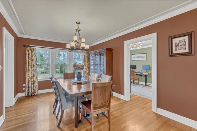 a dining room with furniture window and wooden floor