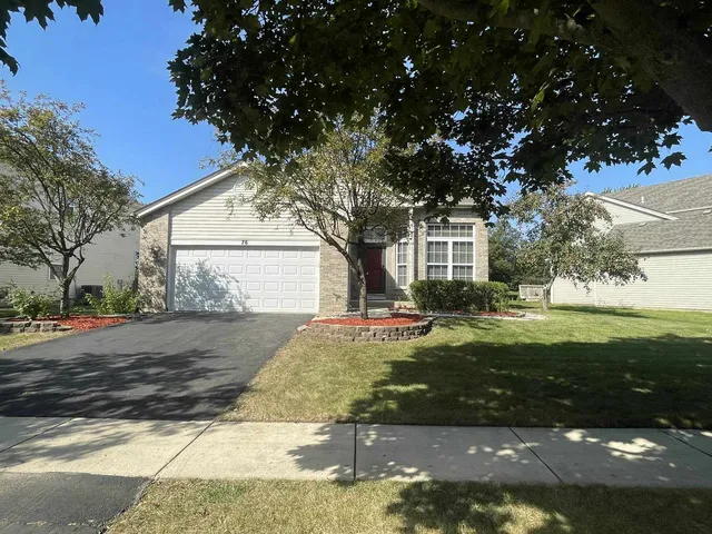 a view of a house with backyard and a tree