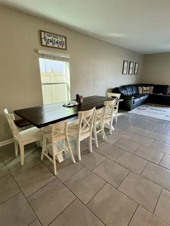 a dinning table and chairs in a room