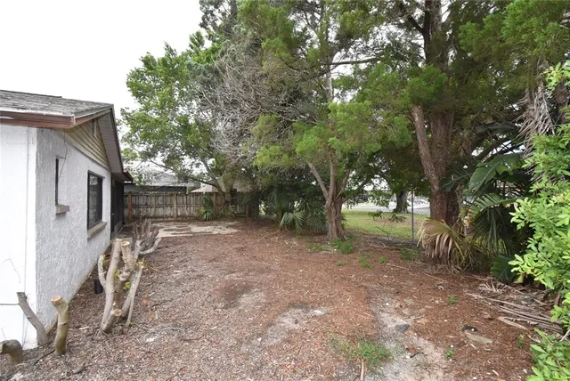 a view of a backyard with large trees