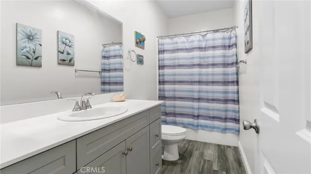 a bathroom with a sink a toilet and shower curtain