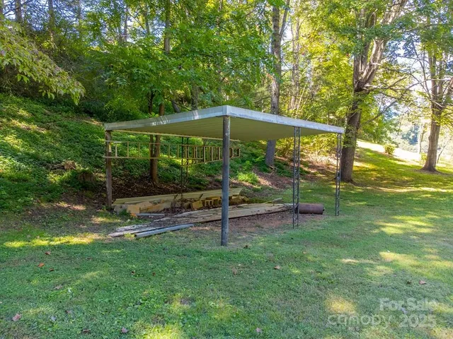 a view of a park with large trees