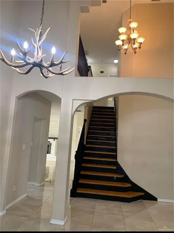 a view of a lobby with a chandelier