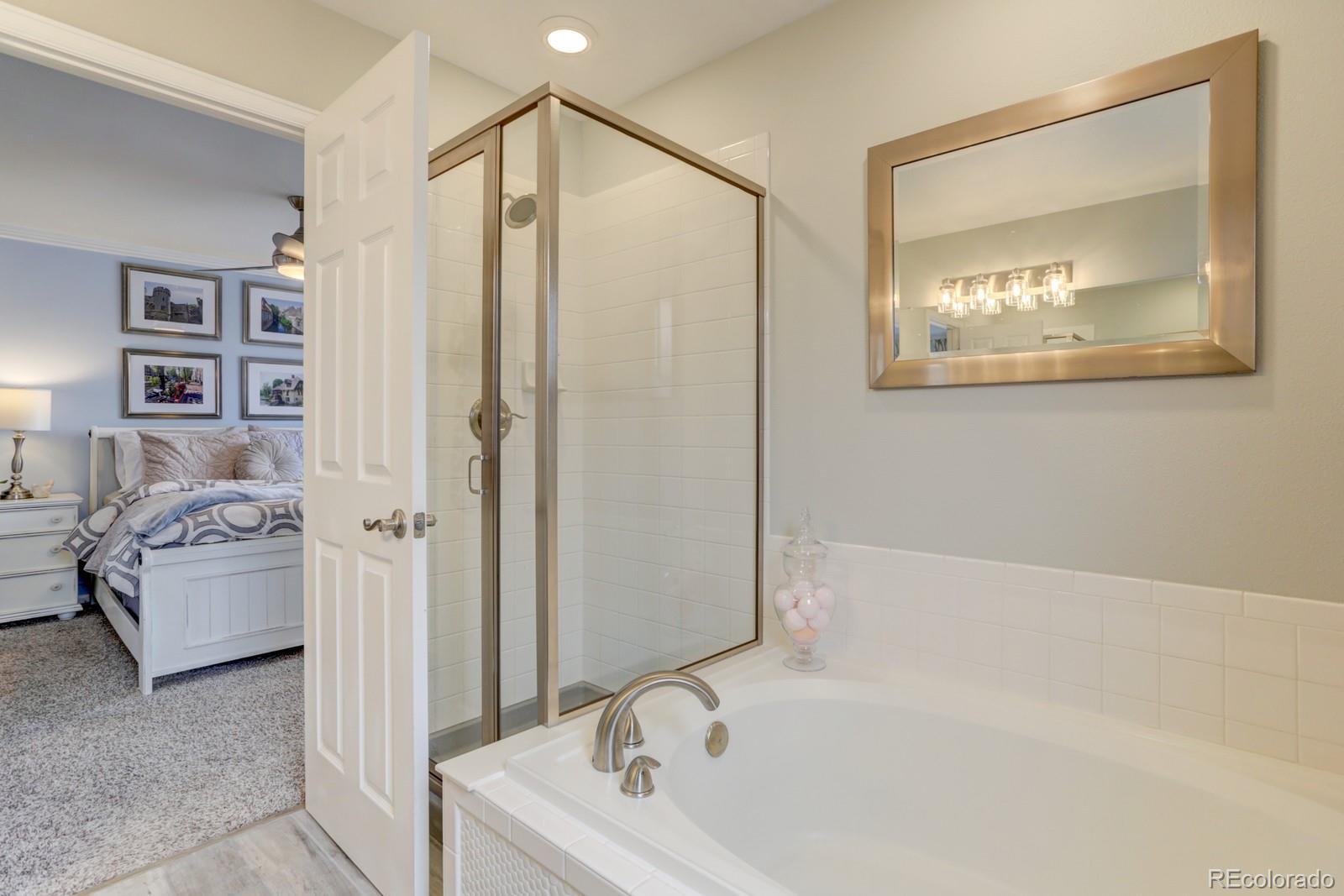 801 Riddlewood Lane Highlands Ranch, CO 80129 - Photo 21 of 40 a bathroom with a tub a sink and a mirror