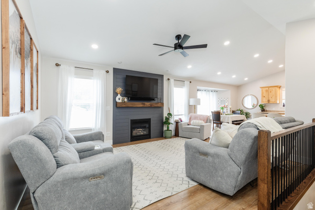 972 West 2840th Street South Logan, UT 84321 - Photo 2 of 46 Open-concept living area featuring wood-finish flooring, recessed lighting, and a modern ceiling fan