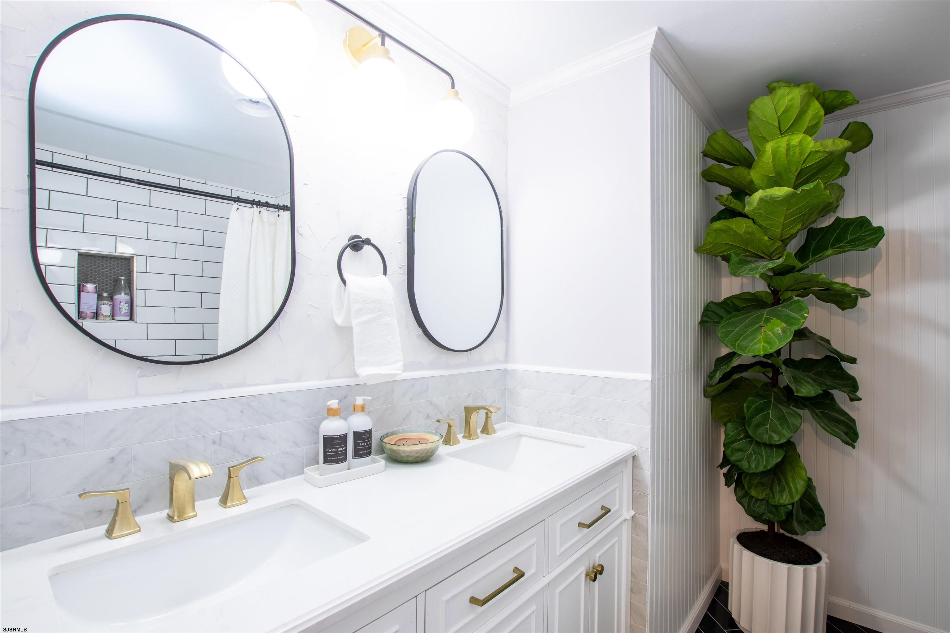 a bathroom with a sink a mirror and a potted plant