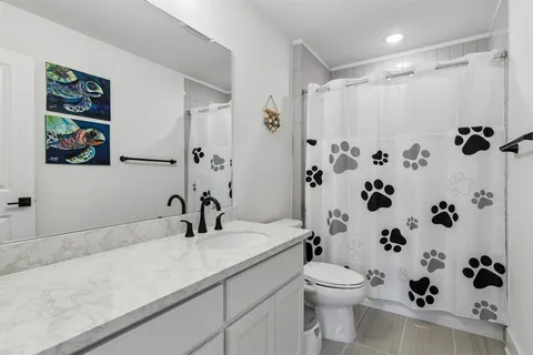 a bathroom with a sink a toilet and shower curtain