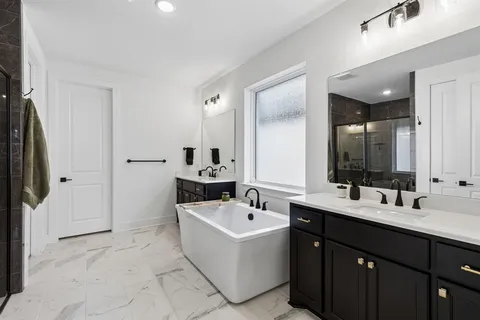 a bathroom with a double vanity sink a mirror and a shower