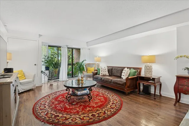a living room with furniture a lamp a rug and a large window