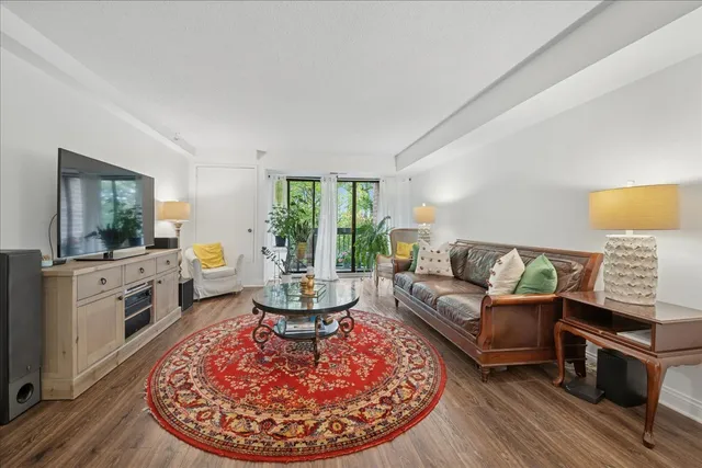 a living room with furniture a rug a lamp and a window