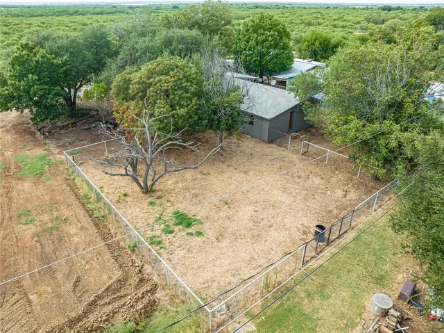 a view of a garden with a bench and some trees