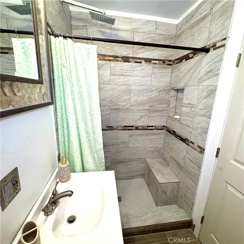 a bathroom with a shower and a sink