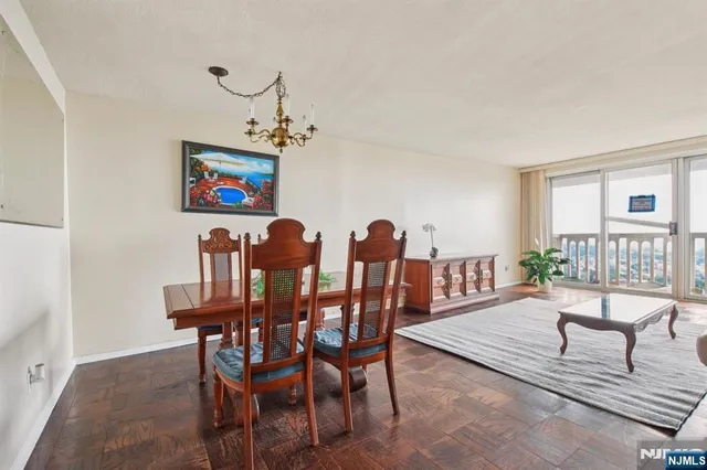 a view of a dining room with furniture