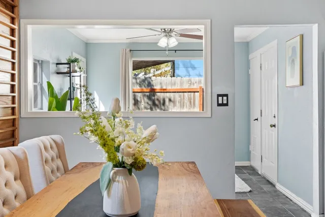 a view of living room with furniture and a potted plant
