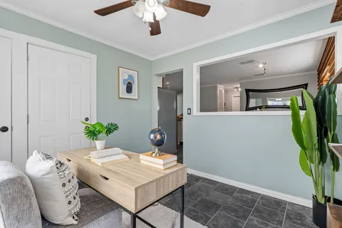 a workspace with furniture and a potted plant