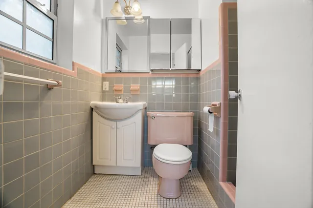 a bathroom with a toilet a sink and mirror