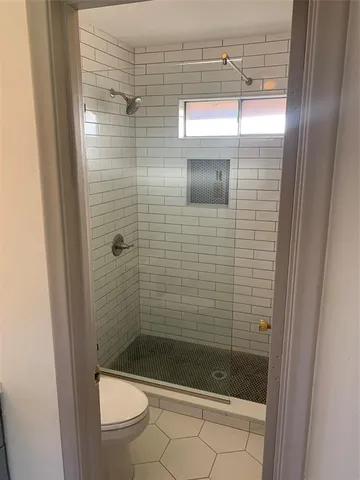 a bathroom with a shower and toilet