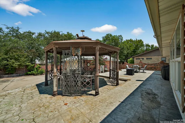 an outdoor view with patio