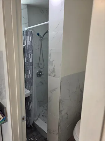 a bathroom with a shower and toilet
