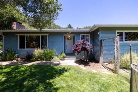 a view of a house with a yard and potted plants