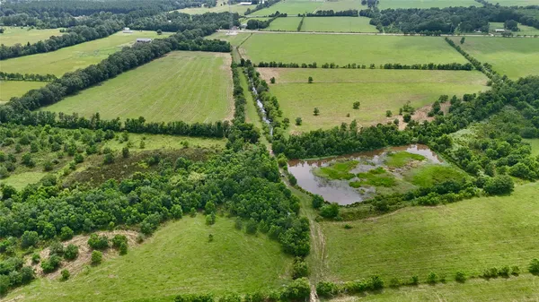 an aerial view of green landscape with trees houses and lake view