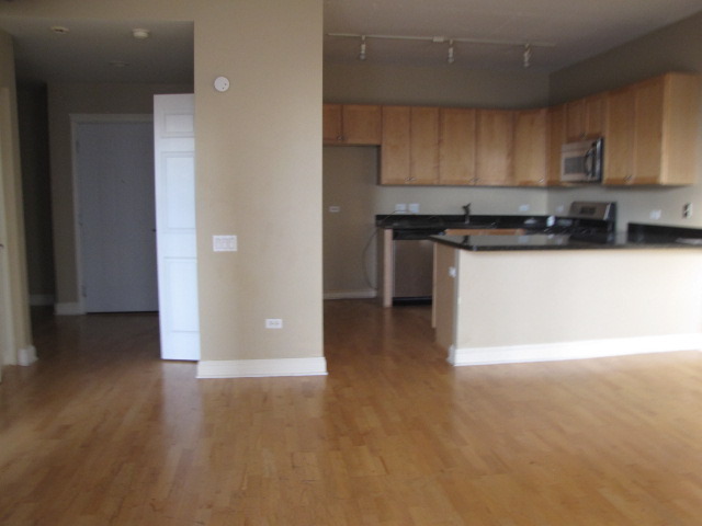 1001 West Madison Street, Unit 501 Chicago, IL 60607 - Photo 7 of 15 a kitchen with stainless steel appliances granite countertop a stove a sink and a refrigerator with wooden floor
