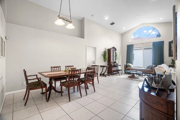 a view of a dining room with furniture