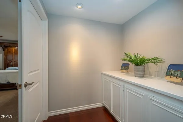 a bathroom with a sink a vanity and a potted plant