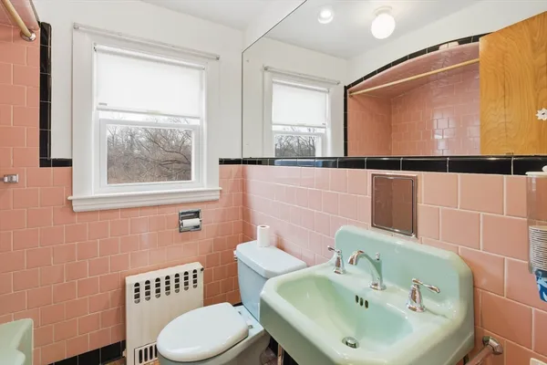 a bathroom with a sink mirror and toilet