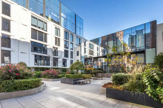 a view of building with potted flower plants