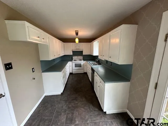a kitchen with a sink a stove a refrigerator and cabinets