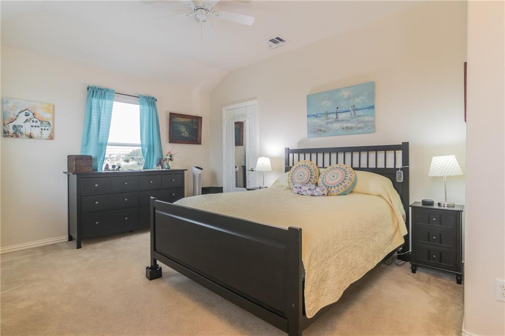 252 Pond View Pass Buda, TX 78610 - Photo 19 of 37 Bedroom with light colored carpet, a ceiling fan, and lofted ceiling