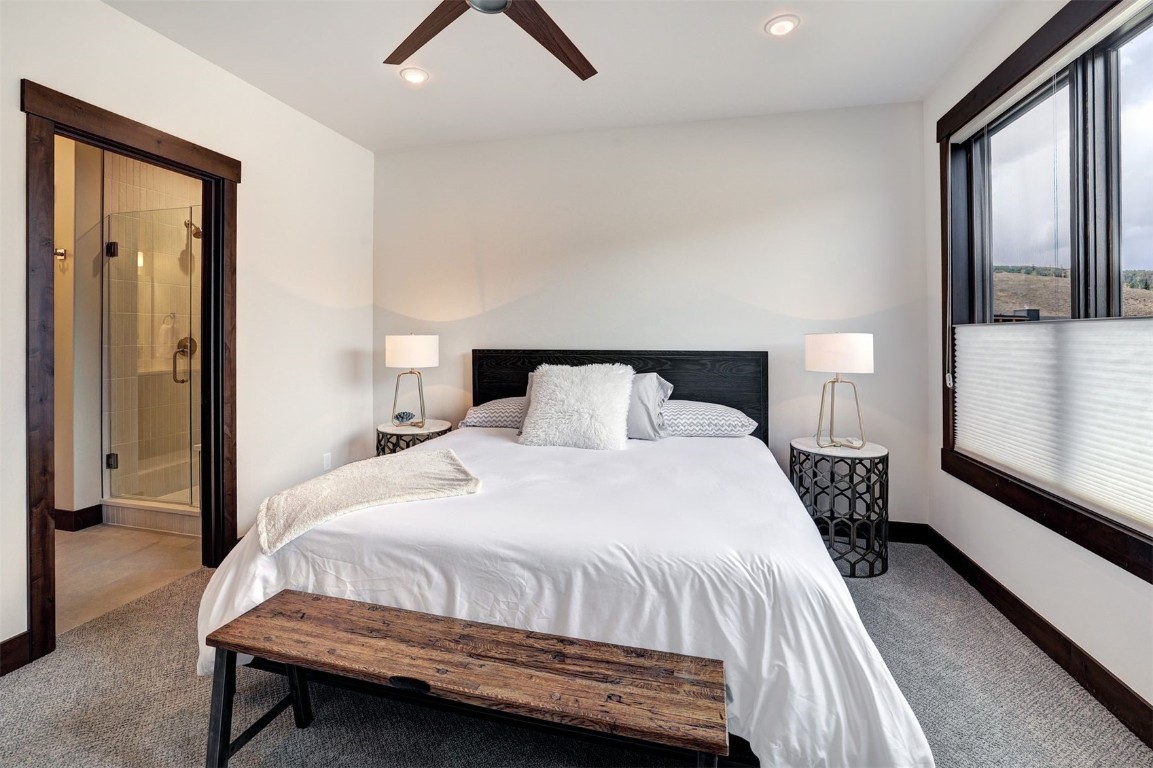 160 Vendette Road Silverthorne, CO 80498 - Photo 25 of 50 Bedroom featuring carpet, recessed lighting, ceiling fan, and ensuite bath