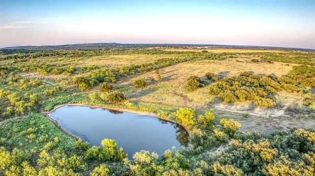 an aerial view of residential houses with outdoor space and trees
