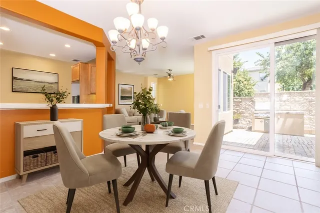 a view of a dining room with furniture window and outside view