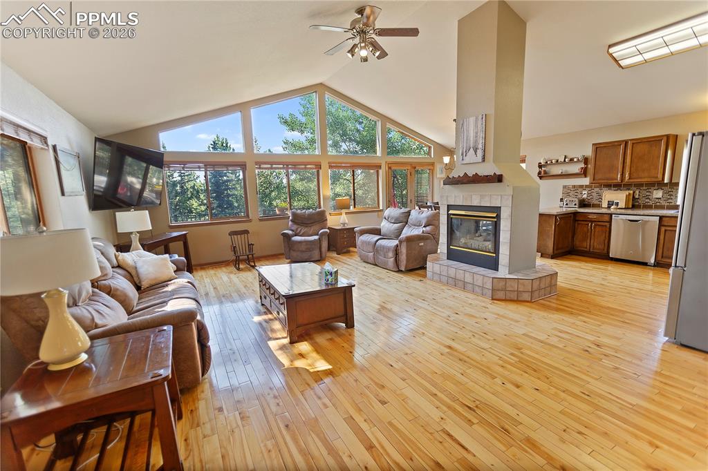 566 Spring Valley Drive Divide, CO 80814 - Photo 3 of 30 a living room with fireplace furniture and a large window